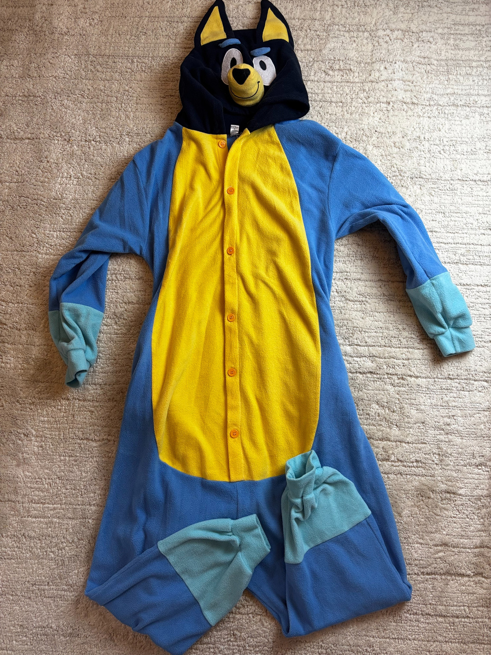 Bluey Costume Fleece Hooded Onesie Blue Yellow Kids Size M